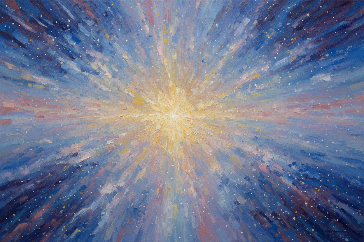 Monet-style impressionist painting of celestial creation, swirling blues purples and golds