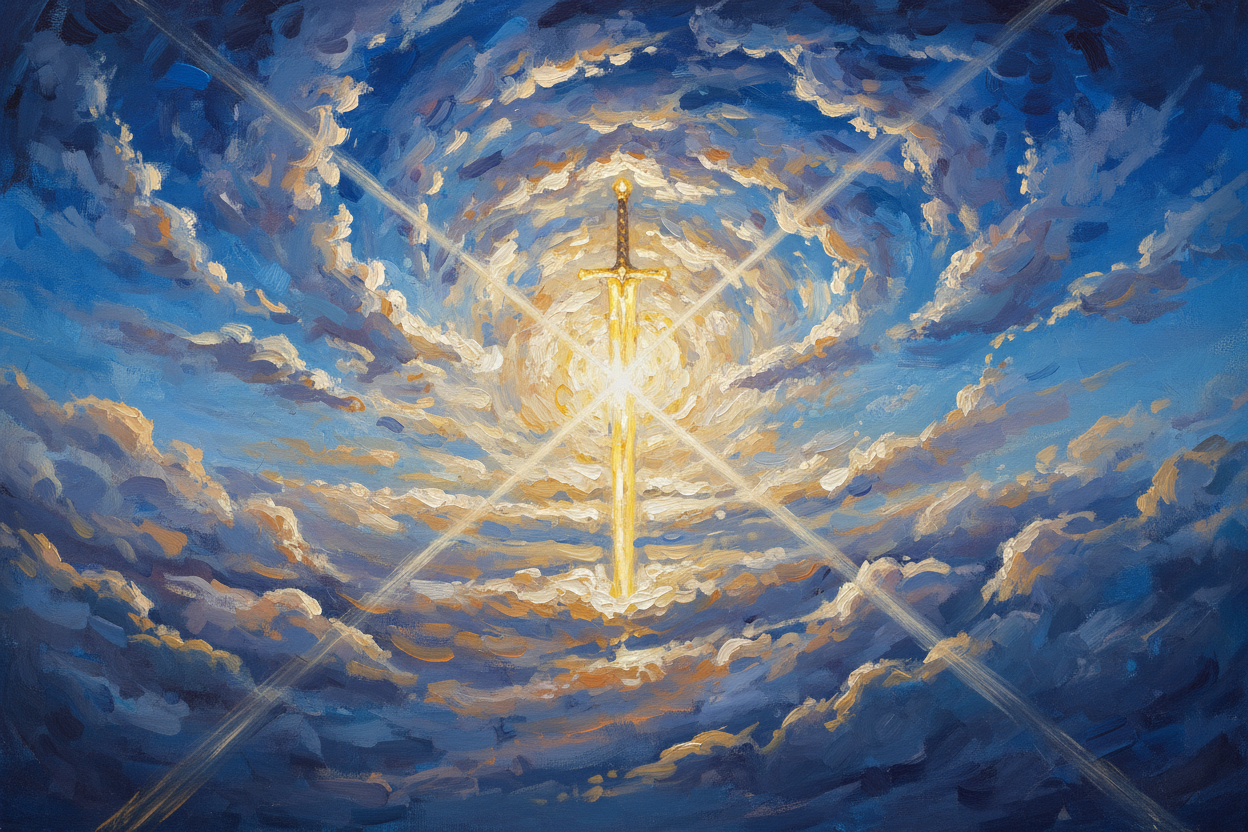 Monet-style impressionist painting of blazing golden sword of light cutting through deep blue sky