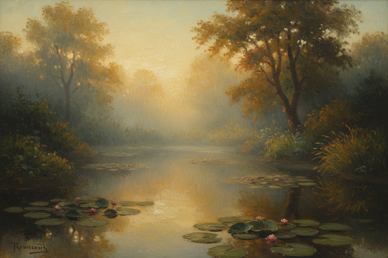 Rembrandt-style chiaroscuro painting of soft golden dawn light over a peaceful garden, warm amber tones emerging from deep shadow