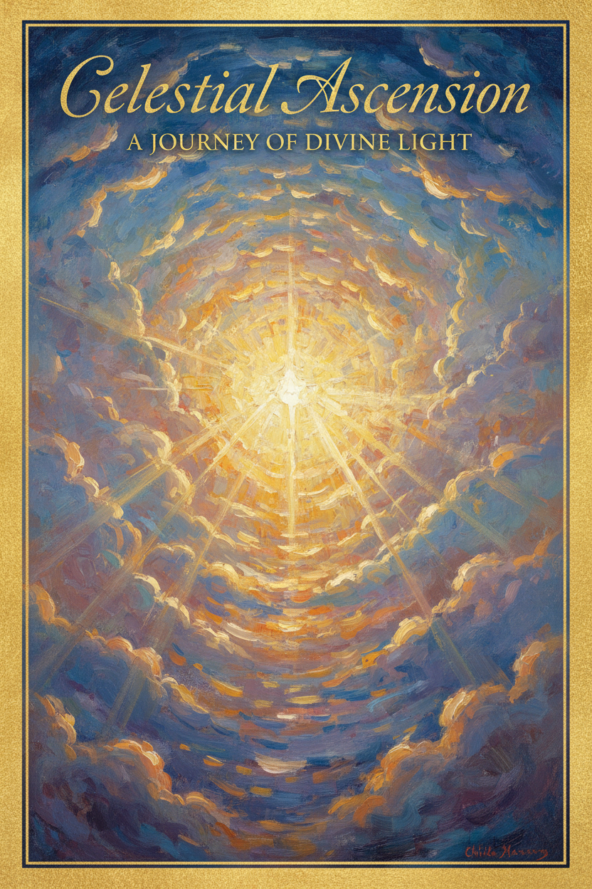 American Impressionist book cover painting, radiant golden divine light bursting through heavenly clouds in the style of Childe Hassam