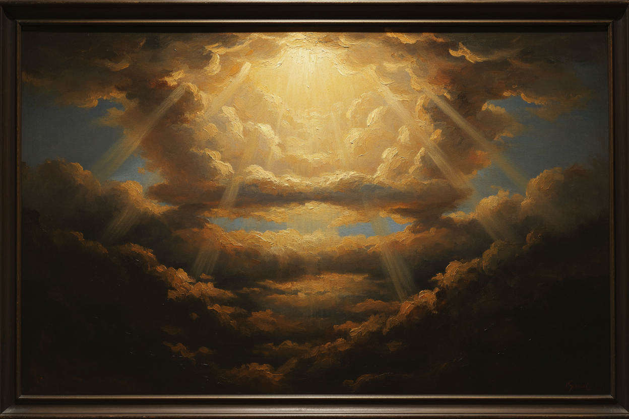 Rembrandt-style chiaroscuro painting of heaven ascending in tiers, deep shadow giving way to brilliant golden light