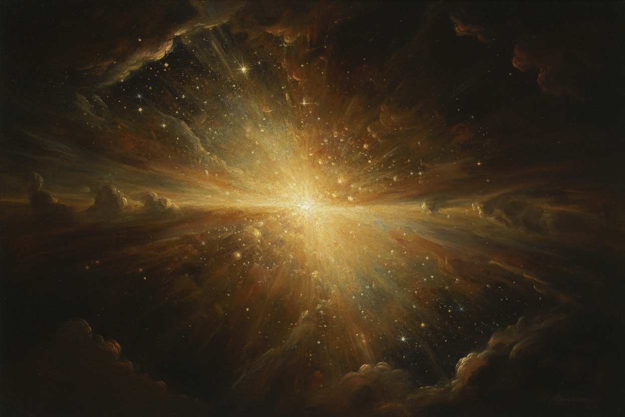 Rembrandt-style chiaroscuro painting of celestial creation, golden divine light emerging from deep shadow