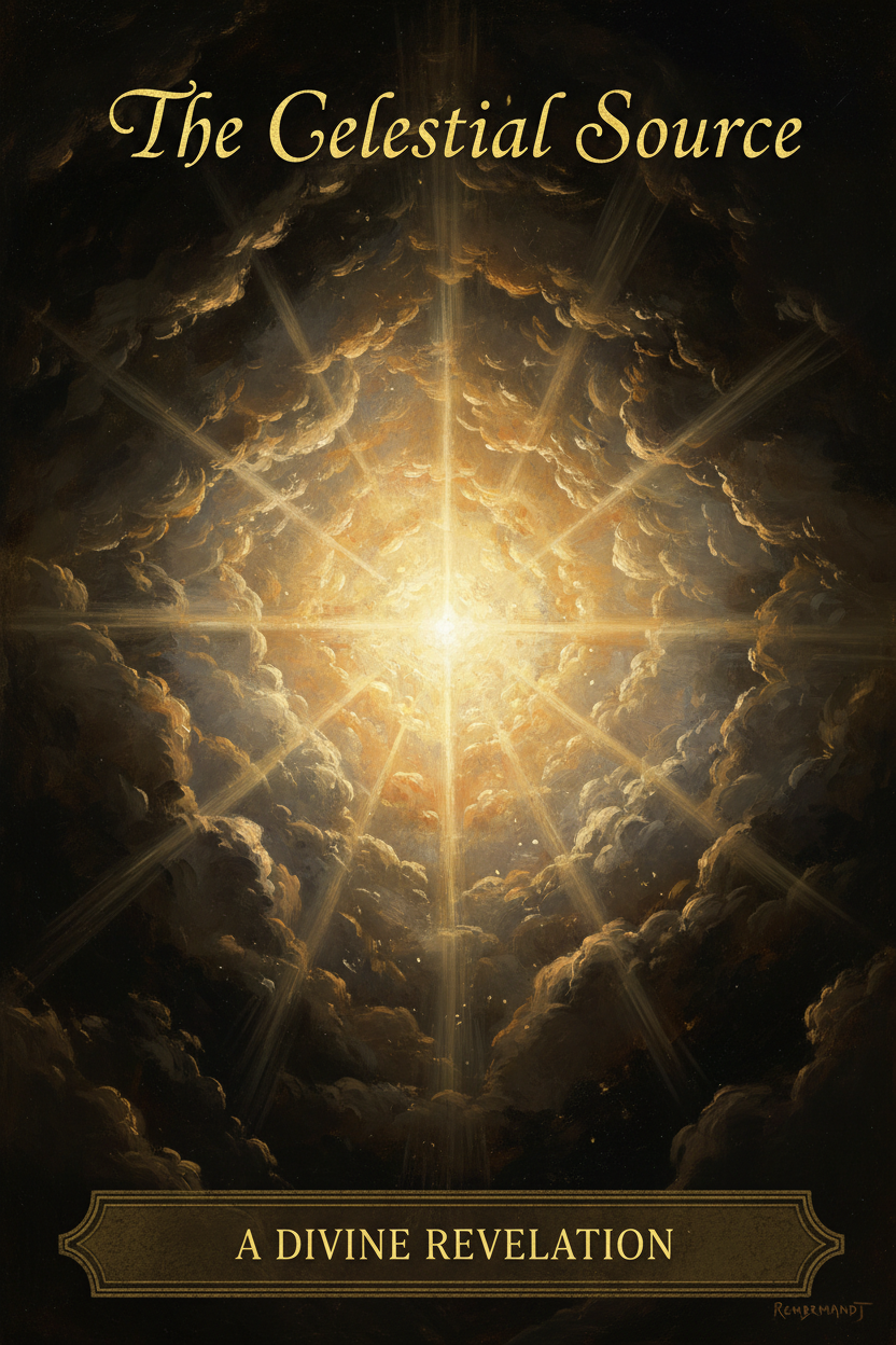 Rembrandt-style chiaroscuro book cover painting, radiant golden divine light bursting from deep shadow