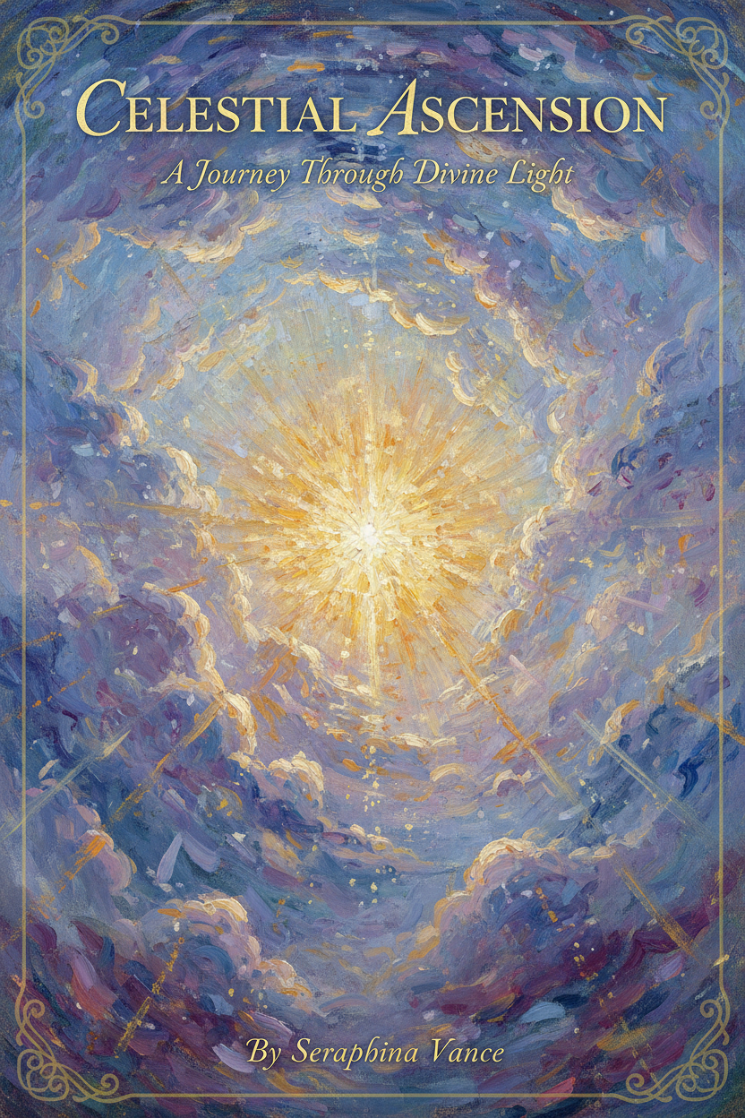 Monet-style impressionist book cover painting, radiant golden divine light bursting through heavenly clouds in blues purples and golds