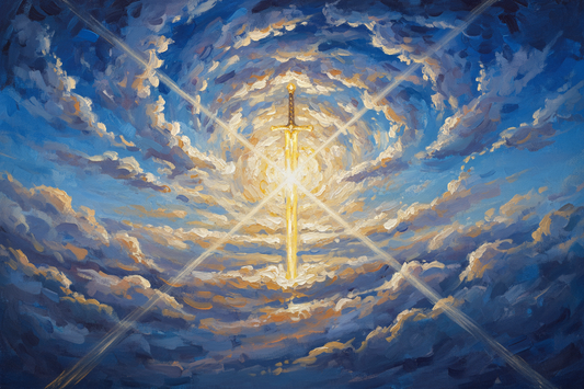 Monet-style impressionist painting of blazing golden sword of light cutting through deep blue sky