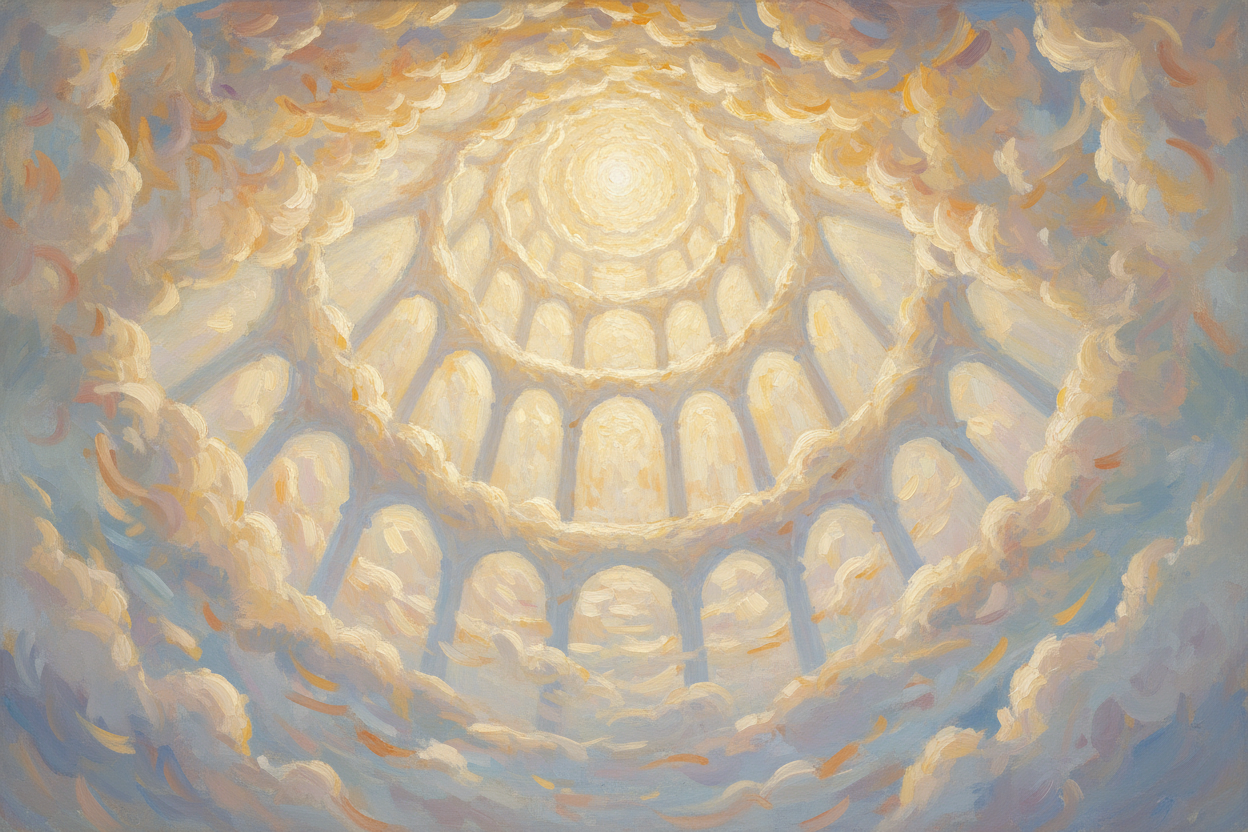 Monet-style impressionist painting of heaven ascending in tiers of golden amber light
