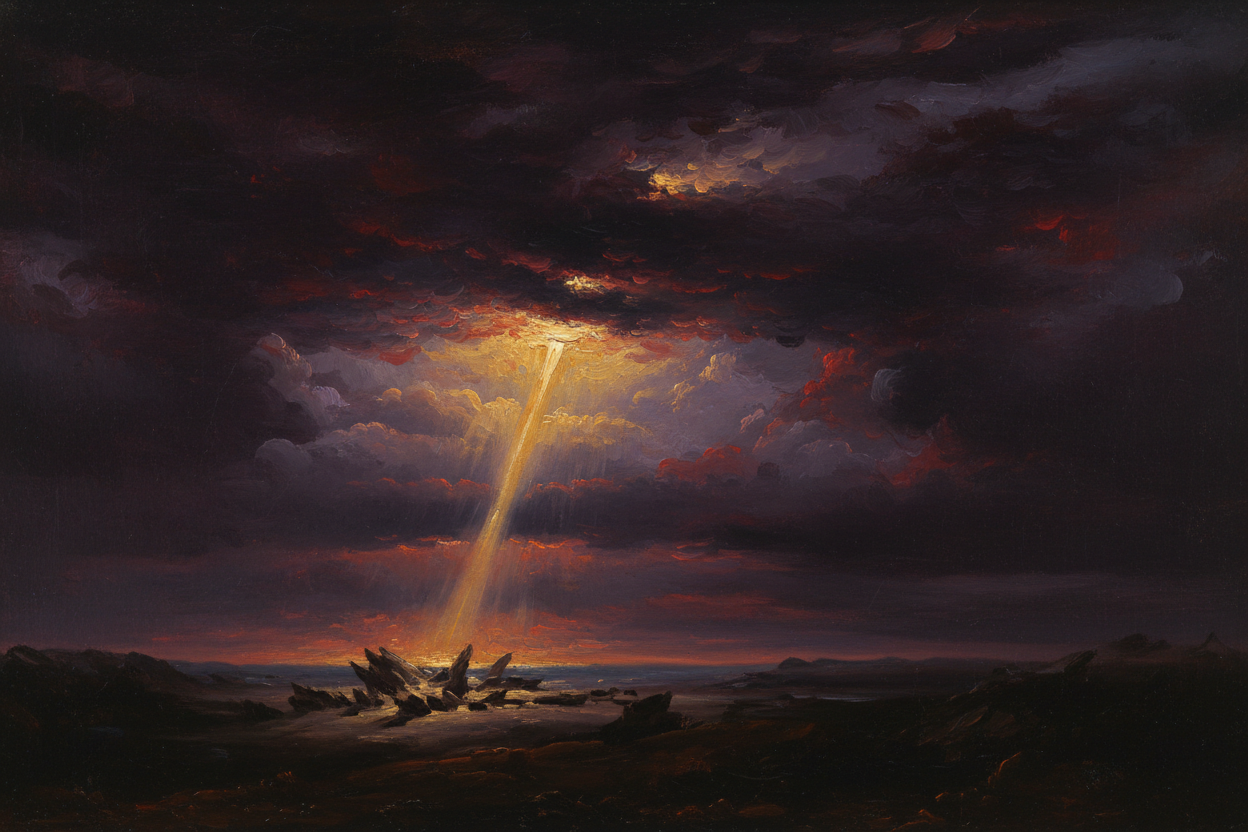 Rembrandt-style chiaroscuro painting of the celestial rebellion, golden light falling through dark purples and crimson storm clouds