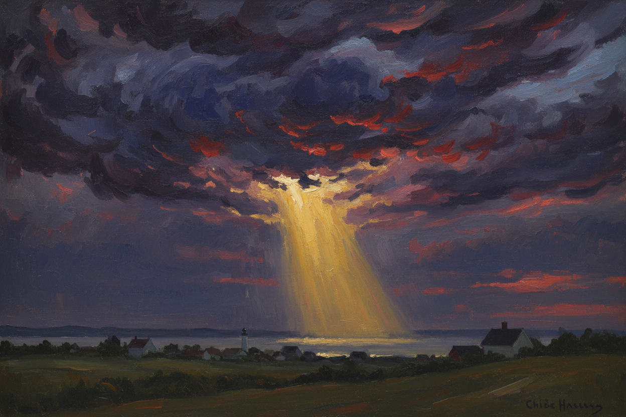 Monet-style impressionist painting of stormy celestial sky with golden light falling through dark purples and crimson
