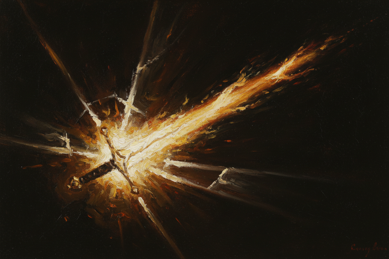 Rembrandt-style chiaroscuro painting of a blazing golden sword of light cutting through deep shadow