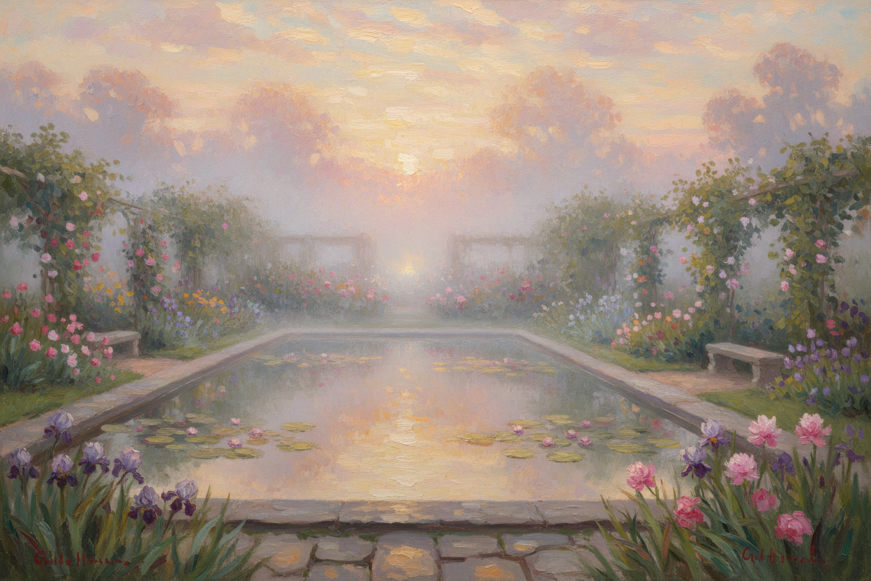 Monet-style impressionist painting of soft golden dawn light over a peaceful garden with lily pond reflections